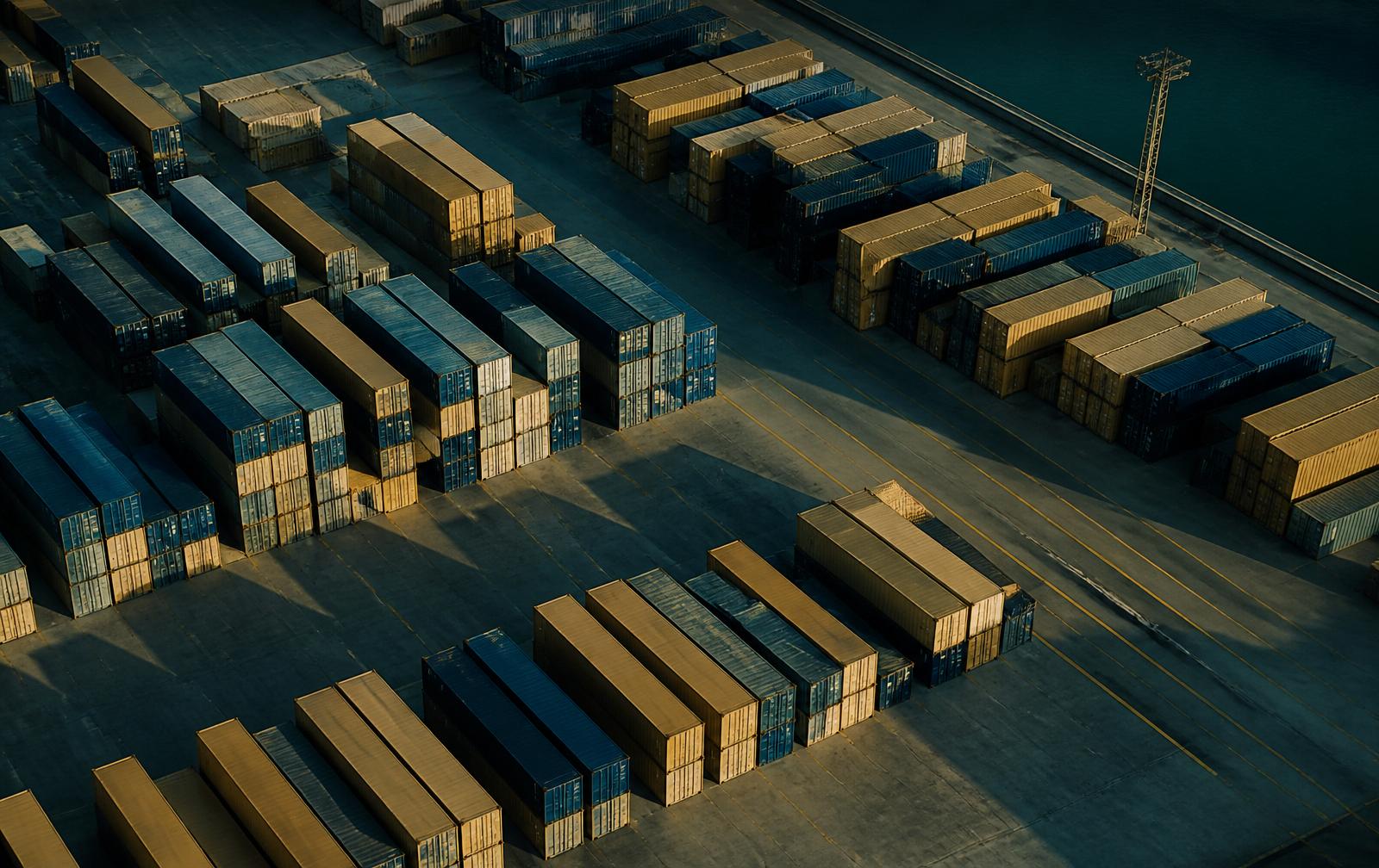 Aerial view of an organised container depot with rows of stacked tan and navy containers