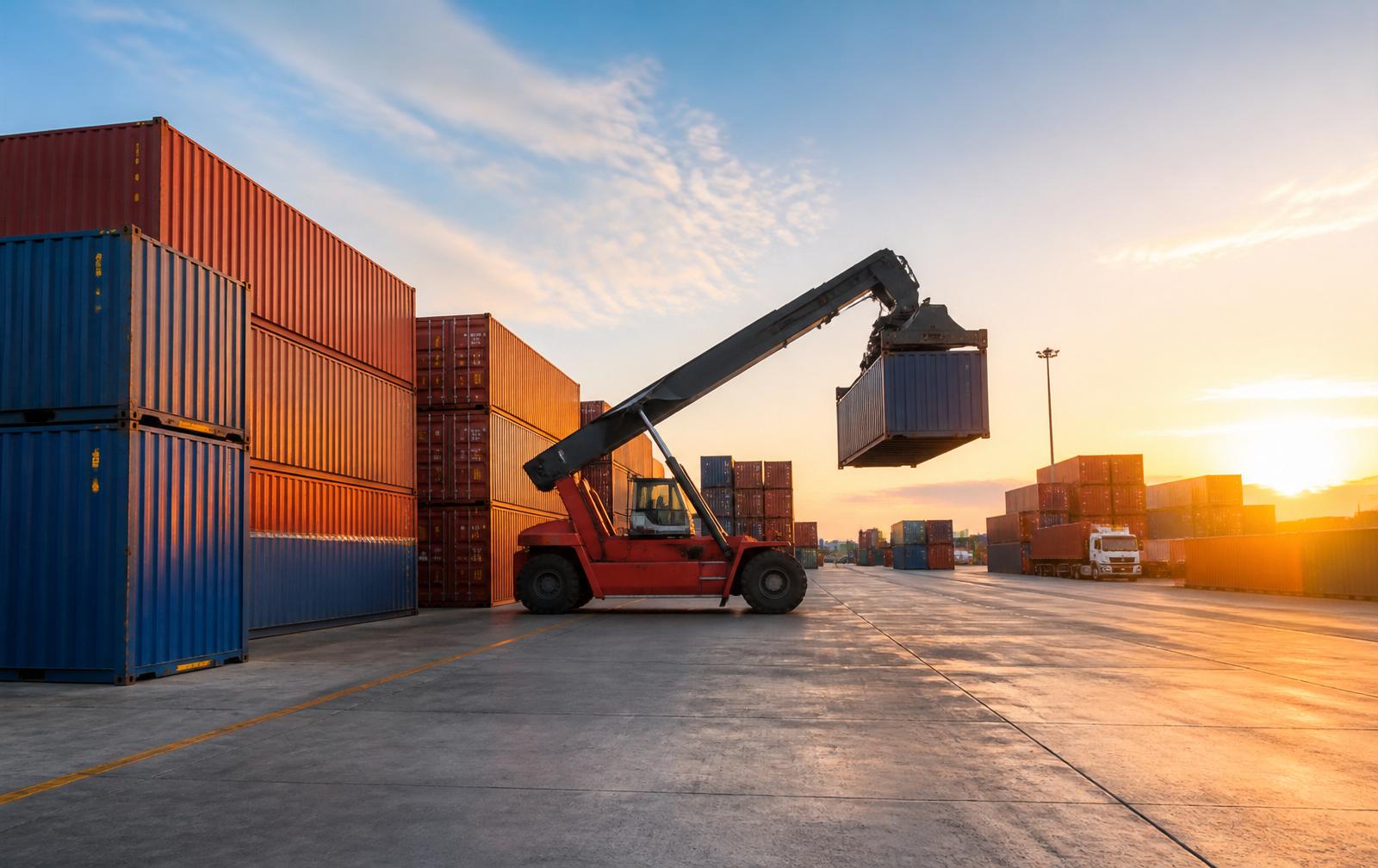 Shipping container depot with stacked containers and a reach stacker at sunset